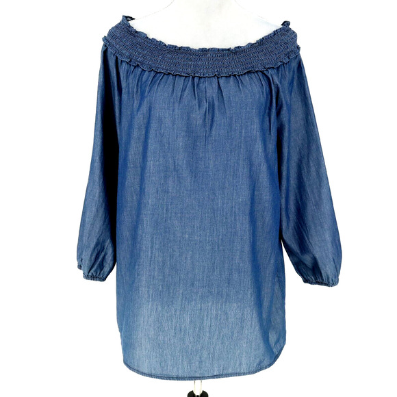 Chicos Top 1 Womens Medium 8 Blue Cotton Off Shoulder Blouse Boho Romantic - Picture 1 of 13